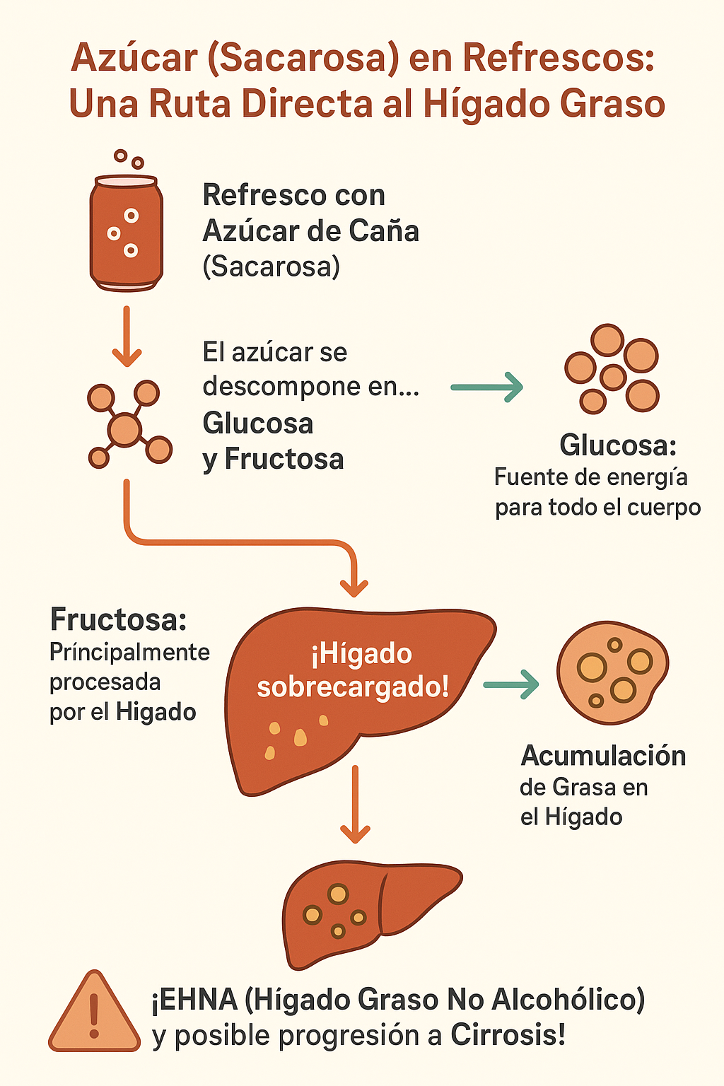 Diagrama que muestra cómo el azúcar de los refrescos lleva al hígado graso